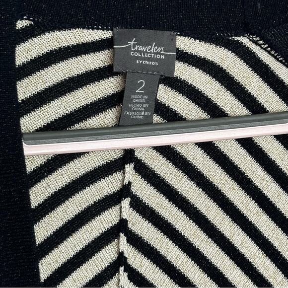 Chicos 2 Travelers Cardigan large Black Gold Stripe Knit Jacket Dolman Sleeve - Picture 4 of 10